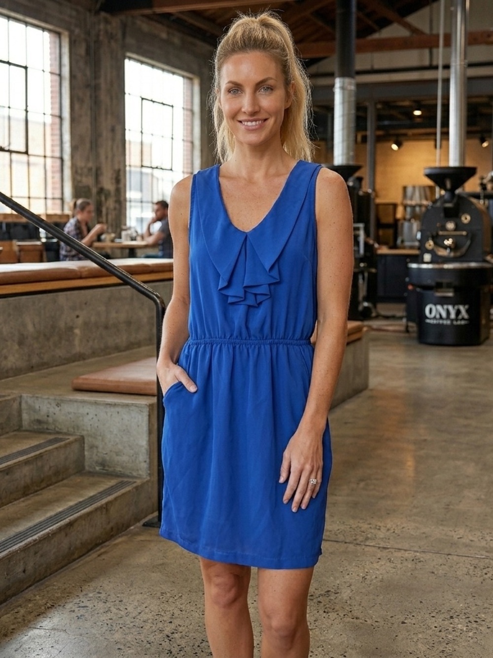 silence + noise Royal Blue Sleeveless Ruffle Mini Dress Small Pockets